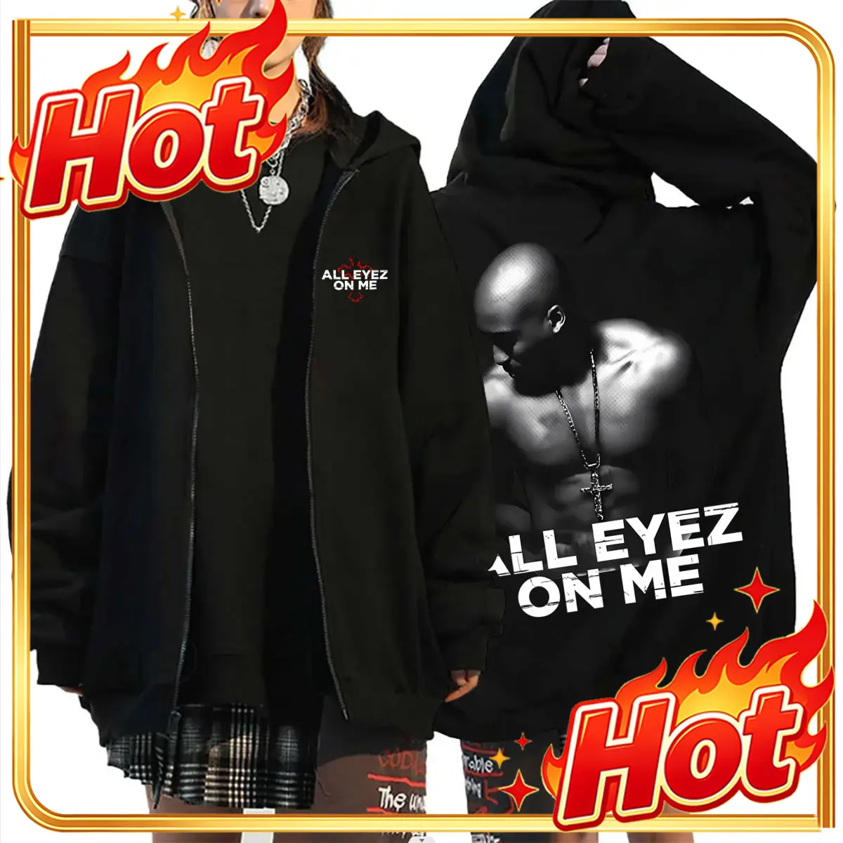 Mens Fashion Zip Up Hoodies - Рэпер Тупак Шакур, худи с крестообразной