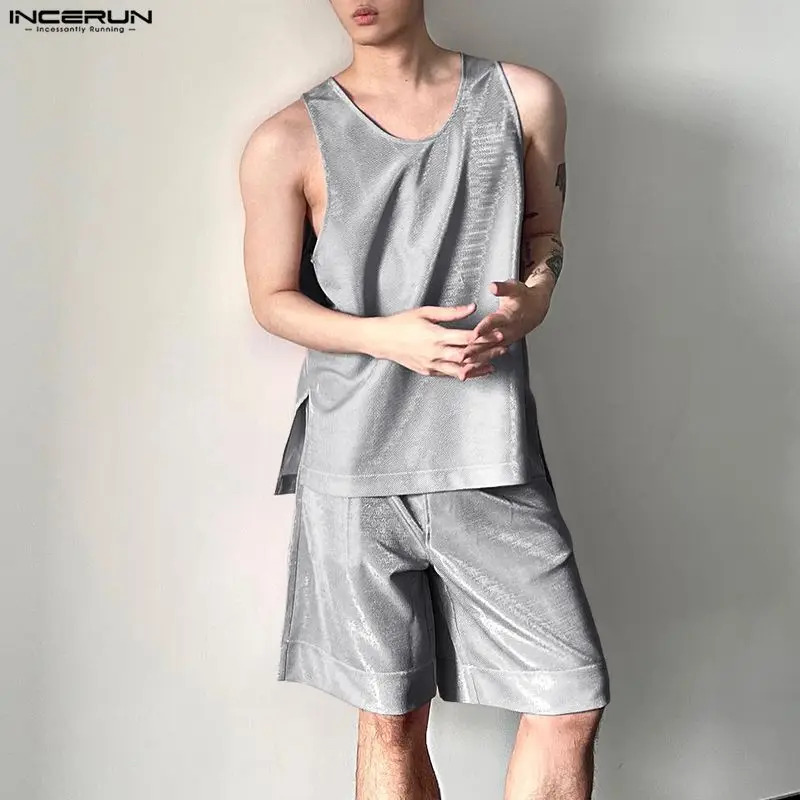 Mens Fashion Summer - Мужские комплекты INCERUN: блестящие однотонные майки